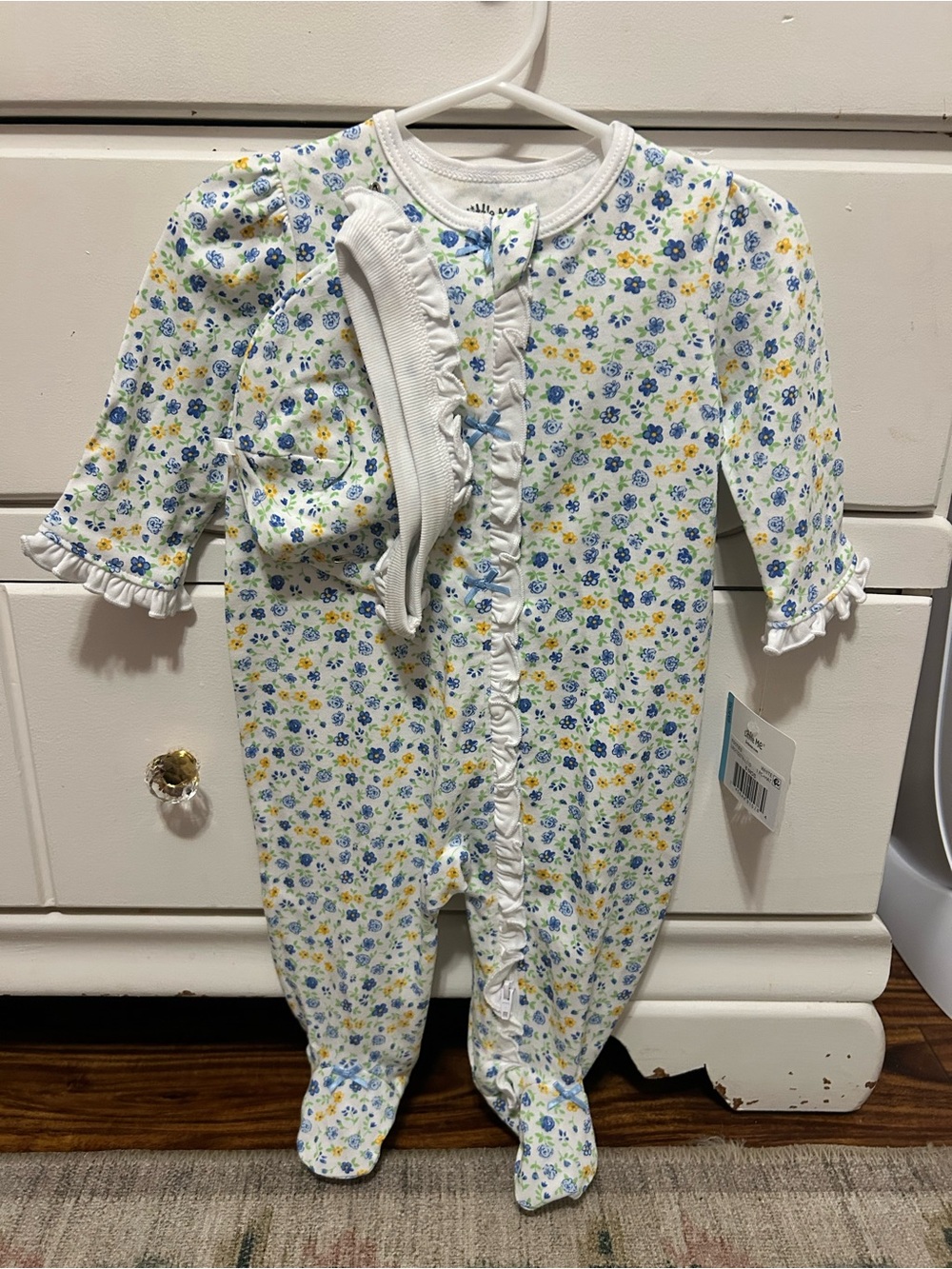 Little Me White Floral Footie with Blue and Yellow Flowers
